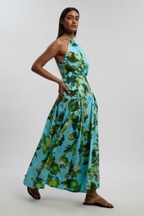 Karen Millen Womens Petite Lime Print Cotton Halter Neck Woven Midi Dress With Dropped Waist Detail - Multicolour - Size 12 UK