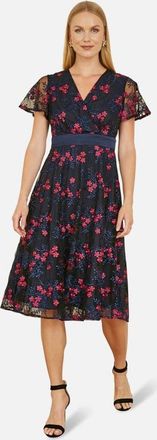 Yumi Floral Mesh Wrap Midi Skater Dress in Navy at Nordstrom, Size 10