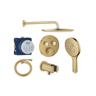 GROHE Grohtherm regendoucheset inbouw - hoofddouche rond - handdouche rond - gebogen wandarm - brushed cool sunrise (goud)