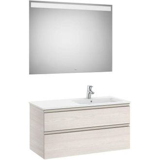 Roca Roca - Pack Mueble Base De 2 Cajones + Lavabo Derecha + Espejo Led The Gap Color: Fresno N&oacute;rdico