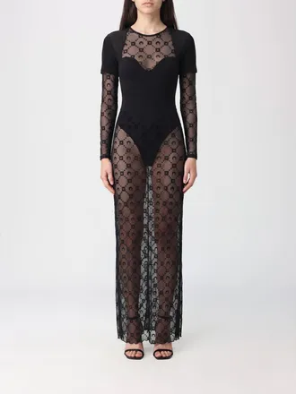 Marine Serre Abito lungo in tulle con logo all-over