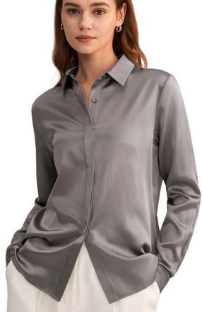 LilySilk Basic Concealed Placket Silk Shirt in Dark Gray at Nordstrom, Size Small