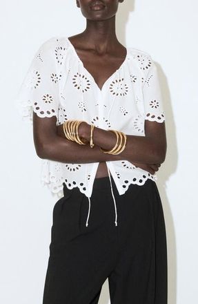 Mango Openwork Embroidered Cotton Button-Up Top in Off White at Nordstrom, Size 4