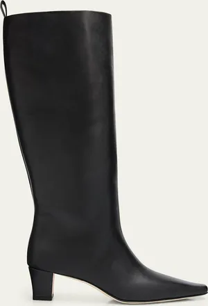 Manolo Blahnik 50mm Leather Knee-High Low-Heel Boots