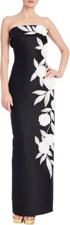 Badgley Mischka Floral Appliqu&eacute; Strapless Sheath Gown in Black White at Nordstrom, Size 10
