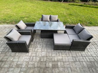 Fimous Rattan Garden Furniture Sets 7 Seater Patio Outdoor Rising Lifting Table Sofa Set with Double Seat Sofa Big Footstool in Dark Grey