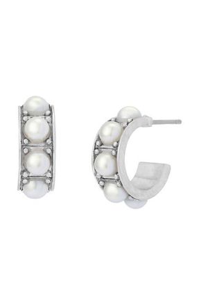 AllSaints Imitation Pearl Small Huggie Earrings in Pearl/Warm Silver at Nordstrom
