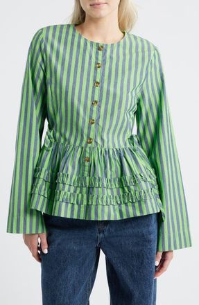 Damson Madder Madison Stripe Organic Cotton Peplum Button-Up Top in Green at Nordstrom, Size 12 Us
