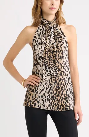 Open Edit Scarf Detail Sleeveless Mock Neck Top in Tan- Brown Leopard Spot at Nordstrom, Size Xx-Small
