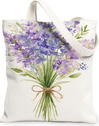 Generic Floral Canvas Tote Bag, Vintage Flower Bouquet Design Reusable Grocery Bag, Lightweight Washable Shoulder Strap Canvas Bags, White, 13x15 Inch