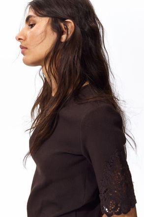 H&M Ribbed lace-inset top in Dark Brown at Nordstrom, Size X-Small