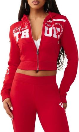 True Religion Embroidered Front Zip Cotton Blend Crop Hoodie in Salsa at Nordstrom, Size X-Small