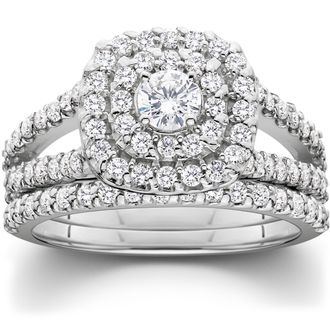Pompeii3 1 1/10ct Cushion Halo Diamond Engagement Wedding Ring Set 10K White Gold