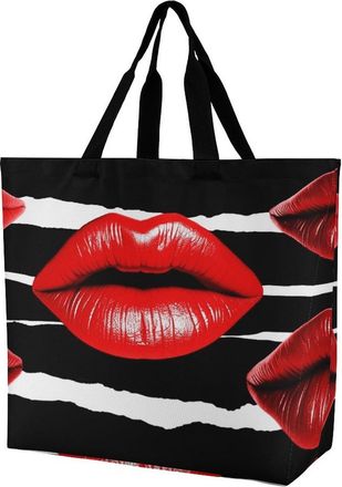 Generic Red Lips Kiss Shopping Bag Foldable Shoulder Bag Reusable Shoulder Bags For Casual Ladies College