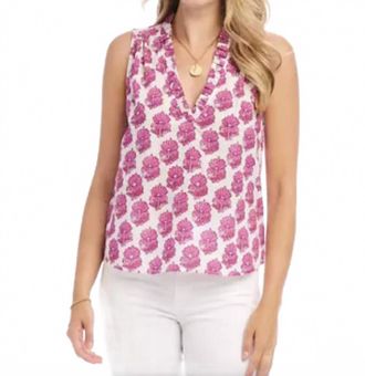 Karen Kane Boardwalk Sleeveless Ruffle Trim Top In Pink Print