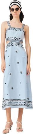 Maje Embroidered linen blend maxi dress in Blue Sky at Nordstrom, Size 38
