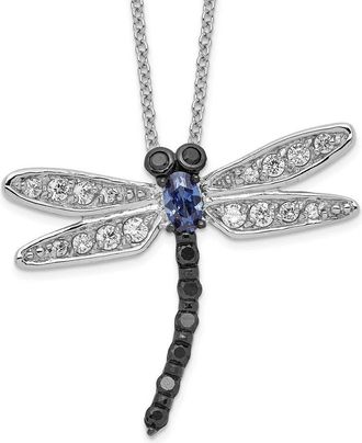 Diamond2Deal Sterling Silver Black Rhodium Accent Cubic Zirconia Dragonfly Necklace 18
