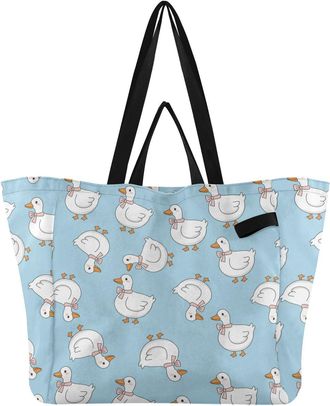 Generic Cute Duck Bow Blue print Reusable Canvas Tote Bag, Heavy Duty Grocery Shopping Bag with Hard Bottom Double Handles Large Capacity Work Groceries Trave