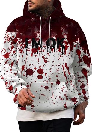Generic Problem Solved Sweatshirt Mens with Hood, Halloween Hoodie Mens Blood Splatter Bloody Hoodie Scary with Letter Print Horror Bloody Colour Block Pullov