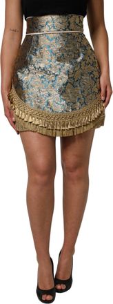 Dolce & Gabbana Womens Blue Floral Jacquard Tasseled Mini Skirt