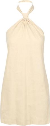 Erika Cavallini Semi Couture Beige Linnen Jurk met Strik - Dames - Korte kleedjes - Beige - M - Linnen - Kleedjes