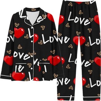 Generic Womens Christmas Pyjamas Fluffy Nightwear Soft Top Womens Valentines Day Love Letter Printing Fashion Casual Button Pocket Long Sleeved Pants Set Wome