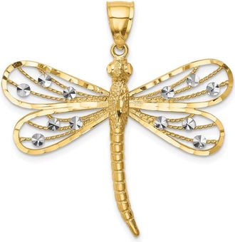 Diamond2Deal 14k Yellow Gold and White Rhodium Diamond-cut Dragonfly Pendant