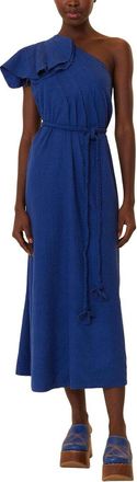 Farm Rio Linen-Blend Navy One Shoulder Leaf Maxi Dress