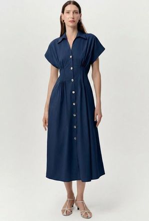 Exquise Reilly Shirt Collar Elastic Waist Midi Dress in Navy at Nordstrom, Size X-Small