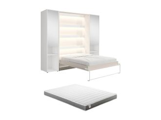 Vente-Unique Cama abatible vertical 160 x 200 cm - 2 columnas de almacenamiento - Con espejos y LEDs - Beige + Colch&oacute;n - RAPILI