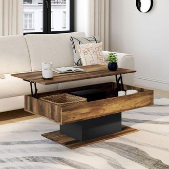 IDMarket Mesa de centro eden con tablero elevable, madera oscura con efecto envejecido y negro