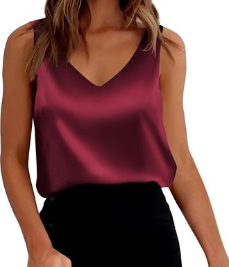 Generic Womens Silk Satin Tank Tops Summer Loose Fit Sleeveless V Neck Solid Color Vest Top Ladies Business Smart Office Work Shirts UK 2025