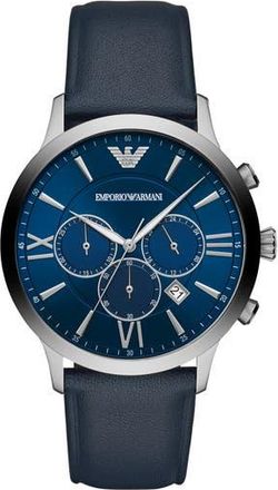 Emporio Armani Leather Strap Chronograph Watch, 43mm in Silver at Nordstrom Rack