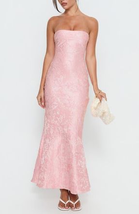 Princess Polly Lips Are Sealed Lace Jacquard Strapless Gown in Pink at Nordstrom, Size 10