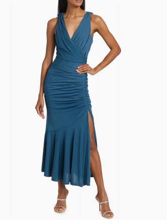 Cinq &agrave; Sept Mika Surplice Ruched Midi Dress In Midnight Rain
