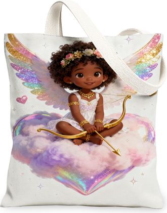 Generic Angel Wings Canvas Tote Bags, Cute Cherub Design Lightweight Washable Reusable Grocery Bags, Spring Floral Vintage Style Sh, White, 13x15 Inch