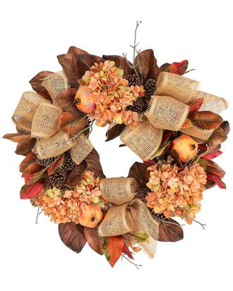 Creative Displays Inc. 27In Rustic Fall Wreath With Hydrangeas, Pomegranates & Burlap Bows