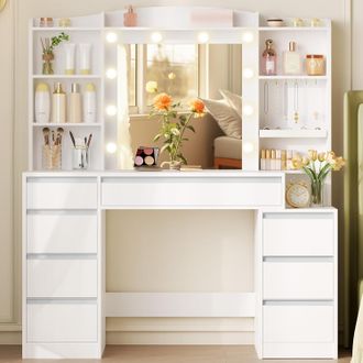 OEM Toeletta Da Trucco Con 8 Cassetti, Grande Specchio Con Illuminazione Led Rgb, Luminosit&agrave; Regolabile, Contenitore Per Gioielli Integrato, Piano Di Lavo