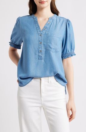 Beach Lunch Lounge Lowen Short Sleeve Chambray Top in Medium Wash at Nordstrom, Size X-Small