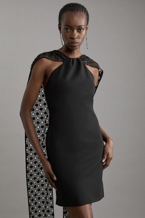 Karen Millen Womens Petite Italian Satin Black Lace Mini Dress - Size 12 UK