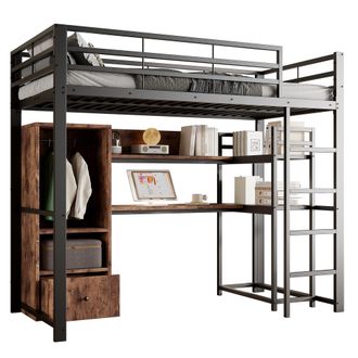 STILVORA Cama Alta 90 X 200 Cm Con Escritorio, Armario, Estantes Y Led, Sin Colch&oacute;n, De Metal Y Mdf, Negro