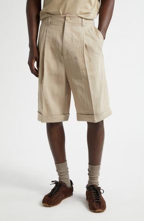 Jacquemus Cuffed Linen Blend Herringbone Bermuda Shorts in Beige at Nordstrom, Size 32 Us