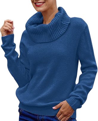 Generic Roll Neck Jumpers for Women UK Clearance Size 20 Sleeve Women Turtleneck Knitted Solid Jumper Pullover Sweater Long Top Blouse Womens Blouse Blue