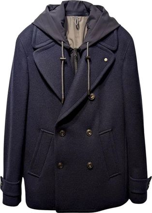 L.B.M. 1911 Double-breasted Peacoat met Afneembare Capuchon - Heren - Mantel - Blauw - L - Wol - Jassen