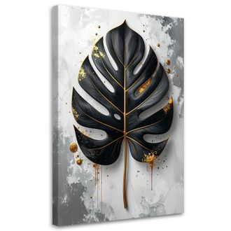 Feeby Cuadro En Lienzo, Hoja De Monstera Negra Sobre Fondo Gris, 80x120