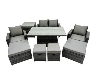 Fimous Outdoor Love Sofa Set 8 Seat Rattan Garden Furniture Set & Side Table in Dark Grey