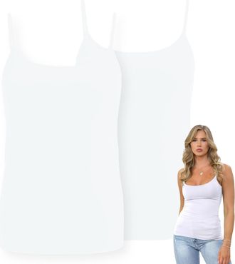 Janisramone Womens Cami Strappy Bodycon Tank Tops, Pack of 2 Sleeveless Scoop Neck Vest Tops Women UK, Stretchy Slim Fitted Gym Wear, Plain Casual Summer Ladies C
