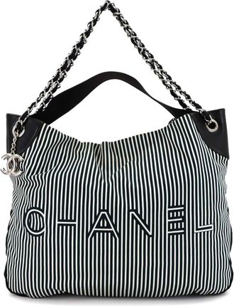 Chanel Black White Canvas Leather Shoulder Bag Tote Bag (Pre-Owned)