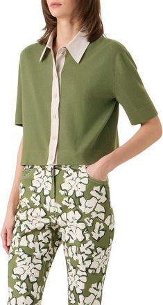 Akris Relaxed Fit Short Sleeve Virgin Merino Wool Cardigan in Green Tea-Ivory at Nordstrom, Size 10