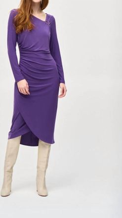 Joseph Ribkoff Ruched Long Sleeve Wrap Midi Sheath Dress In Mystic